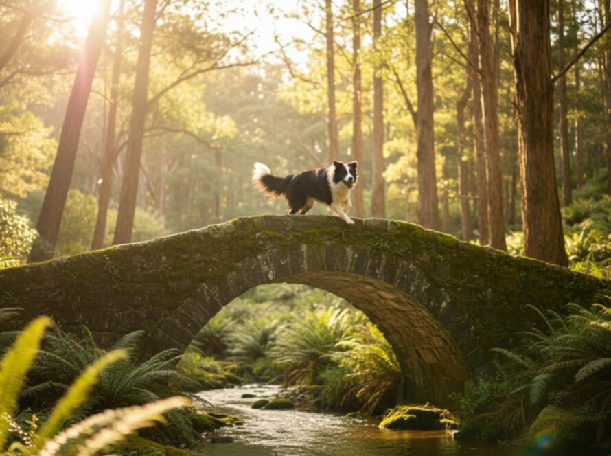 An 'epic moment' style photograph of a joyful golden retriever leaping gracefully through a sun-dappled forest path in Mount Dandenong, surrounded by lush fern trees, with a soft, ethereal light highlighting its happy expression during a Mount Dandenong pet photography joyful outdoor portraits session.