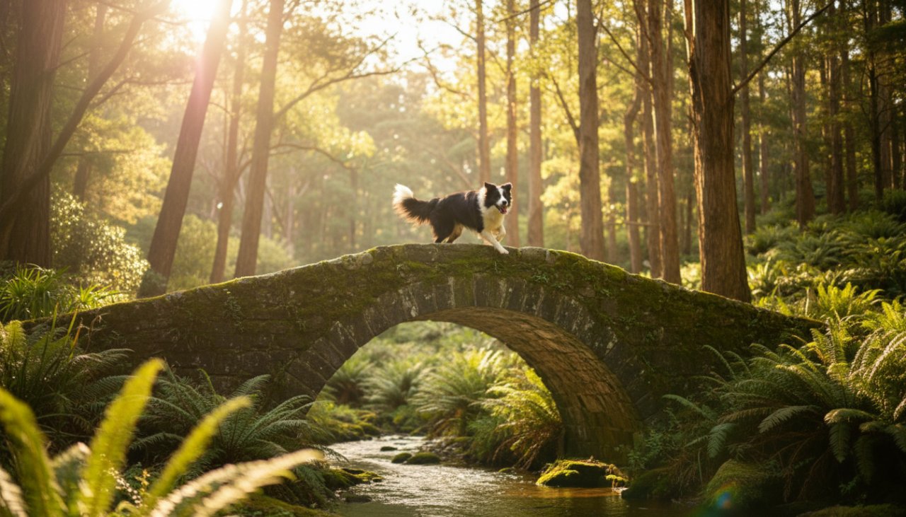 An 'epic moment' style photograph of a joyful golden retriever leaping gracefully through a sun-dappled forest path in Mount Dandenong, surrounded by lush fern trees, with a soft, ethereal light highlighting its happy expression during a Mount Dandenong pet photography joyful outdoor portraits session.