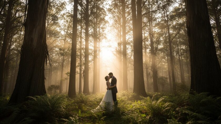 An emotionally resonant 'epic moment' photograph capturing a couple embracing amidst the misty, towering eucalyptus trees of Mount Dandenong, bathed in golden hour light, creating a truly unforgettable Mount Dandenong pre-wedding photography experience.
