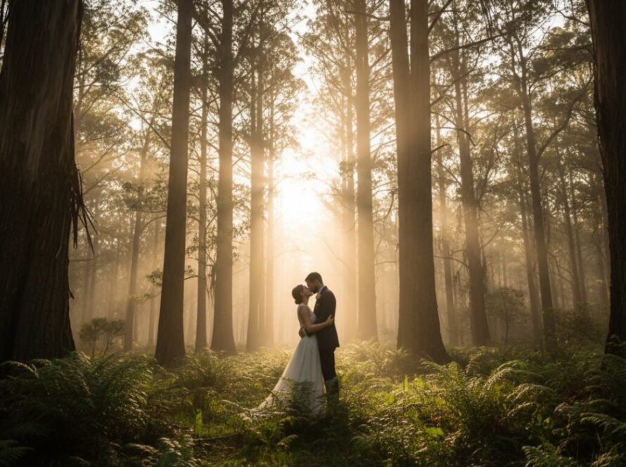 An emotionally resonant 'epic moment' photograph capturing a couple embracing amidst the misty, towering eucalyptus trees of Mount Dandenong, bathed in golden hour light, creating a truly unforgettable Mount Dandenong pre-wedding photography experience.