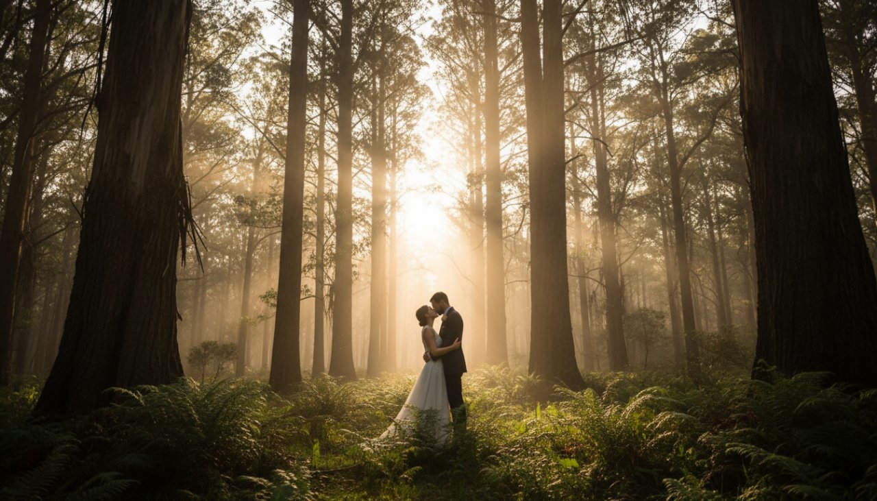 An emotionally resonant 'epic moment' photograph capturing a couple embracing amidst the misty, towering eucalyptus trees of Mount Dandenong, bathed in golden hour light, creating a truly unforgettable Mount Dandenong pre-wedding photography experience.