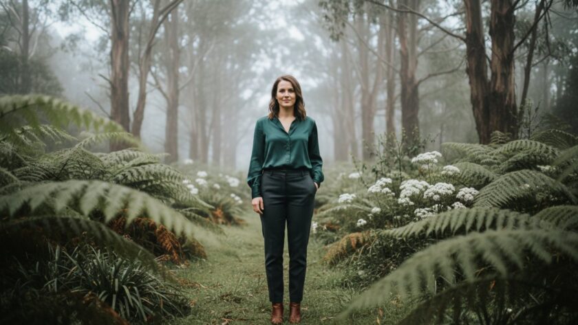 A professional portrait of a confident creative entrepreneur captured amidst the lush, misty forests of Mount Dandenong, showcasing their brand's essence with natural light and a serene backdrop, perfect for Mount Dandenong professional headshots for creative entrepreneurs.