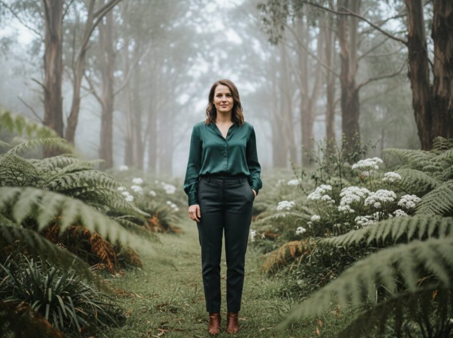 A professional portrait of a confident creative entrepreneur captured amidst the lush, misty forests of Mount Dandenong, showcasing their brand's essence with natural light and a serene backdrop, perfect for Mount Dandenong professional headshots for creative entrepreneurs.