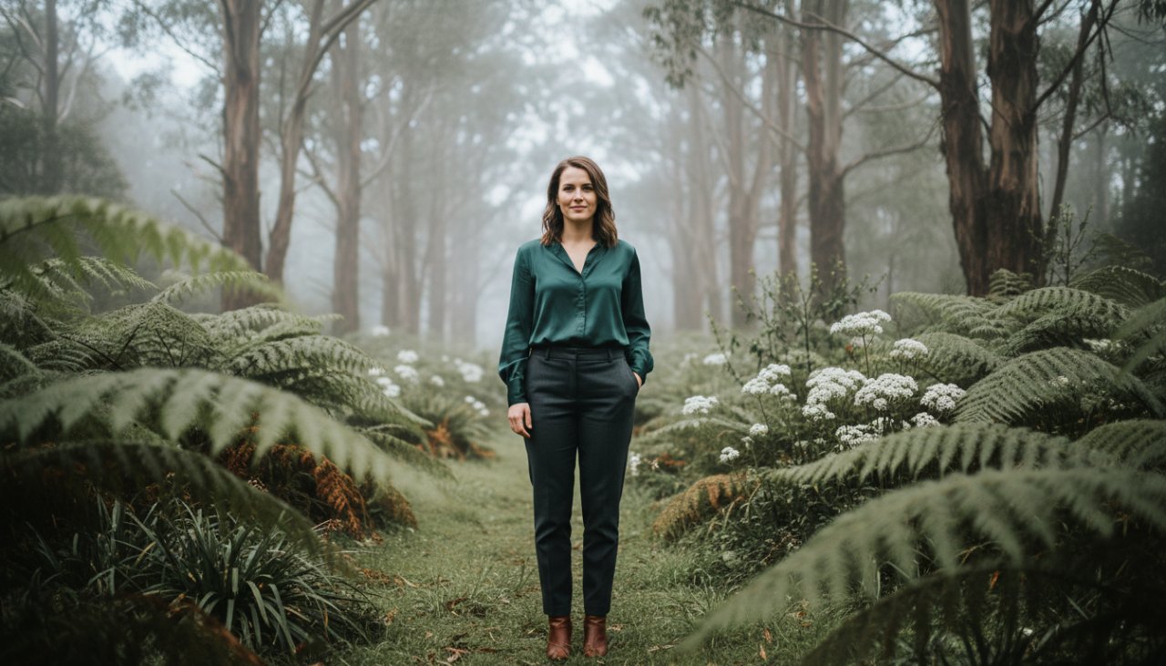 A professional portrait of a confident creative entrepreneur captured amidst the lush, misty forests of Mount Dandenong, showcasing their brand's essence with natural light and a serene backdrop, perfect for Mount Dandenong professional headshots for creative entrepreneurs.