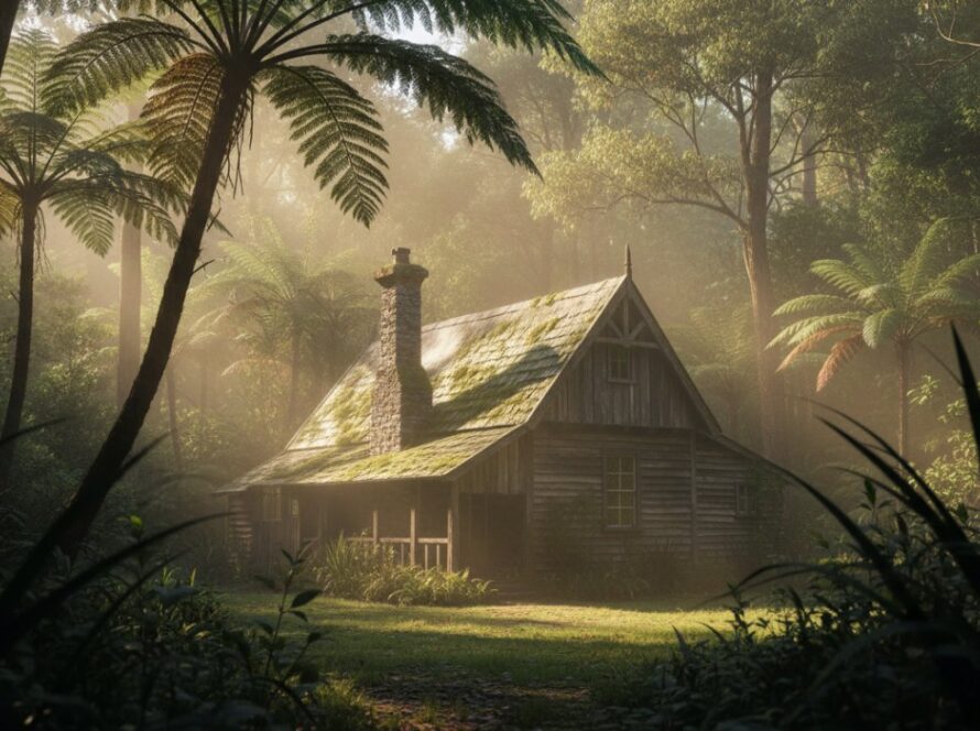 An ethereal golden hour shot of a rustic, weather-beaten cottage nestled amongst towering ferns in Mount Dandenong, capturing the unique essence of Mount Dandenong Rustic Architecture Photography Melbourne with dappled light filtering through the canopy, evoking a sense of timeless charm and mystery.