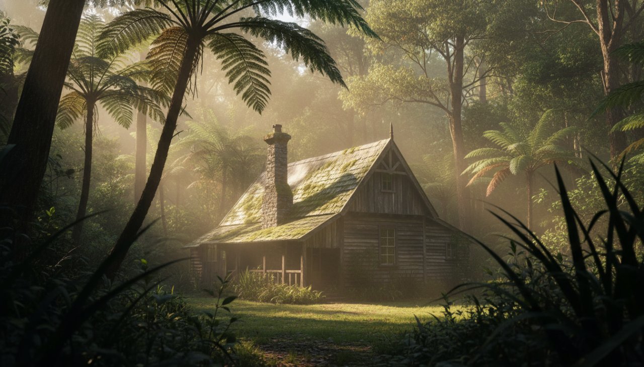 An ethereal golden hour shot of a rustic, weather-beaten cottage nestled amongst towering ferns in Mount Dandenong, capturing the unique essence of Mount Dandenong Rustic Architecture Photography Melbourne with dappled light filtering through the canopy, evoking a sense of timeless charm and mystery.