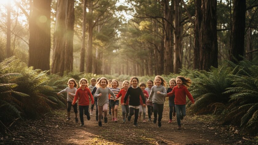 A vibrant, wide-angle shot of a diverse group of primary school children from Mount Dandenong school photography capturing authentic student joy, laughing and running through a sun-dappled forest path with towering gum trees in the background, their faces alight with genuine happiness, reflecting the natural beauty of the Dandenong Ranges.