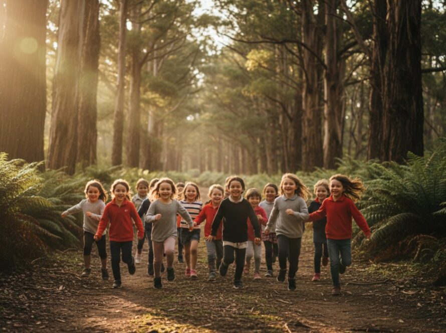 A vibrant, wide-angle shot of a diverse group of primary school children from Mount Dandenong school photography capturing authentic student joy, laughing and running through a sun-dappled forest path with towering gum trees in the background, their faces alight with genuine happiness, reflecting the natural beauty of the Dandenong Ranges.