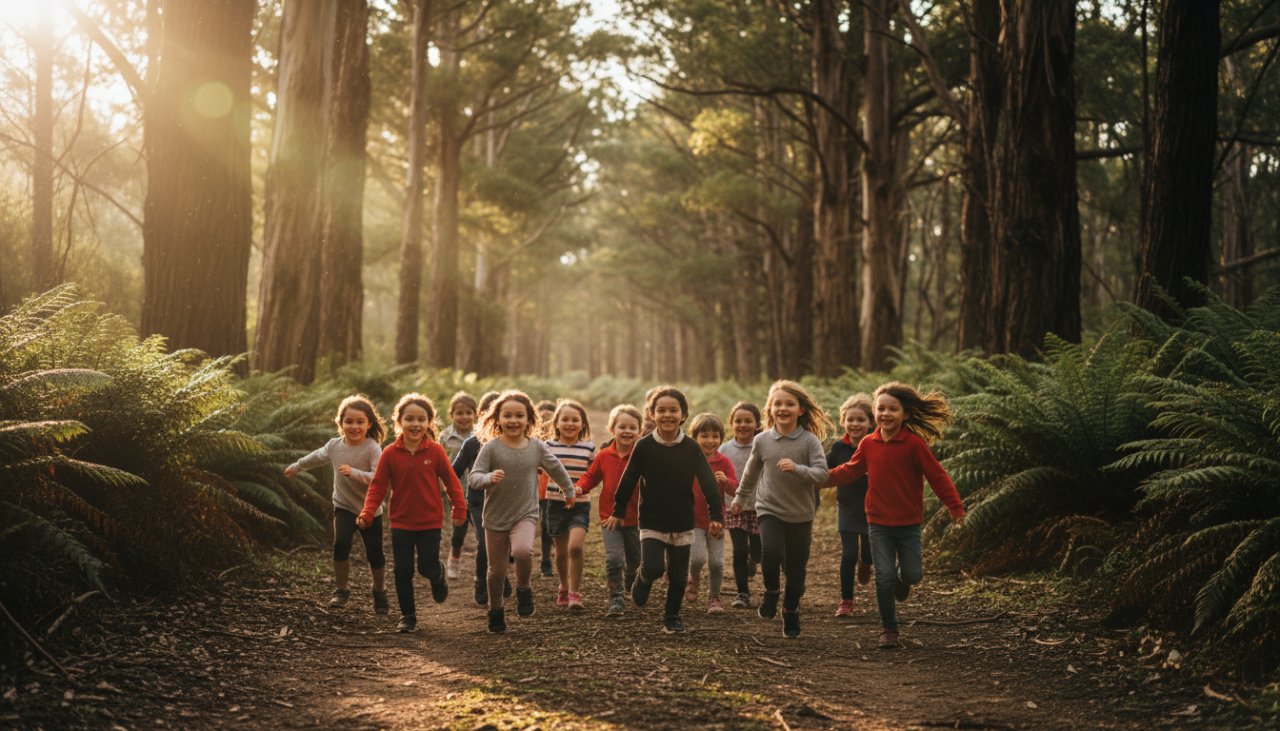 A vibrant, wide-angle shot of a diverse group of primary school children from Mount Dandenong school photography capturing authentic student joy, laughing and running through a sun-dappled forest path with towering gum trees in the background, their faces alight with genuine happiness, reflecting the natural beauty of the Dandenong Ranges.