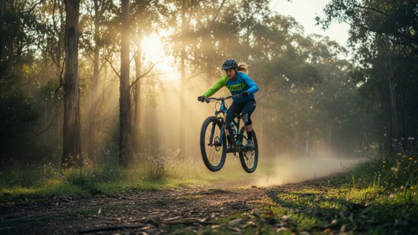 A dynamic shot capturing Mount Dandenong youth sports photography captures an epic moment of a young cyclist in mid-air on a mountain bike trail, with blurred lush Dandenong Ranges foliage in the background, conveying speed and triumph under Australian sunlight.