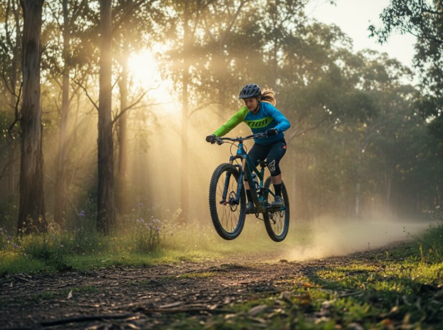 A dynamic shot capturing Mount Dandenong youth sports photography captures an epic moment of a young cyclist in mid-air on a mountain bike trail, with blurred lush Dandenong Ranges foliage in the background, conveying speed and triumph under Australian sunlight.
