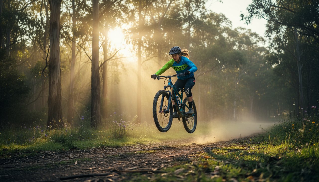 A dynamic shot capturing Mount Dandenong youth sports photography captures an epic moment of a young cyclist in mid-air on a mountain bike trail, with blurred lush Dandenong Ranges foliage in the background, conveying speed and triumph under Australian sunlight.
