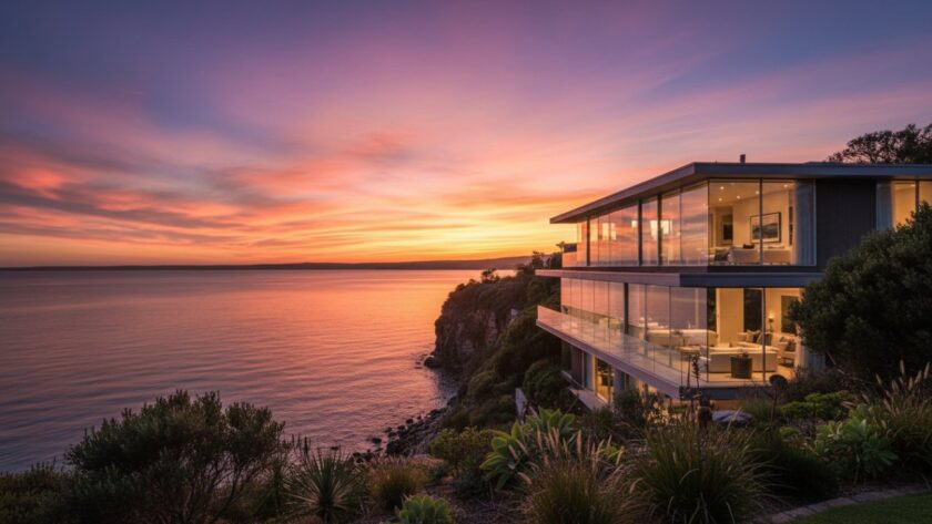 Mount Eliza architectural photography for modern homes capturing a stunning modern coastal residence at sunset, showcasing its unique design with warm interior lights and a dramatic sky reflecting off the bay.