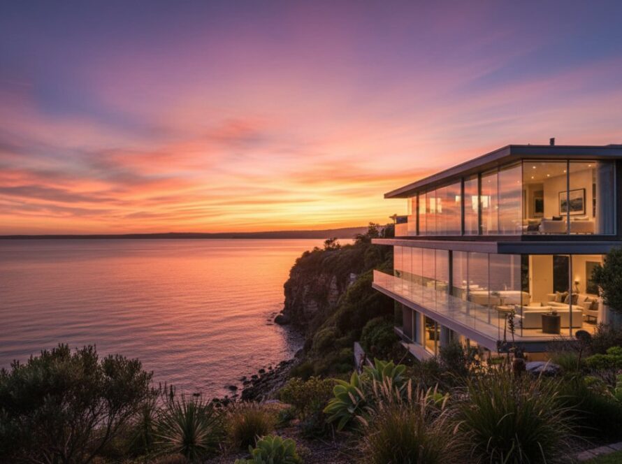 Mount Eliza architectural photography for modern homes capturing a stunning modern coastal residence at sunset, showcasing its unique design with warm interior lights and a dramatic sky reflecting off the bay.