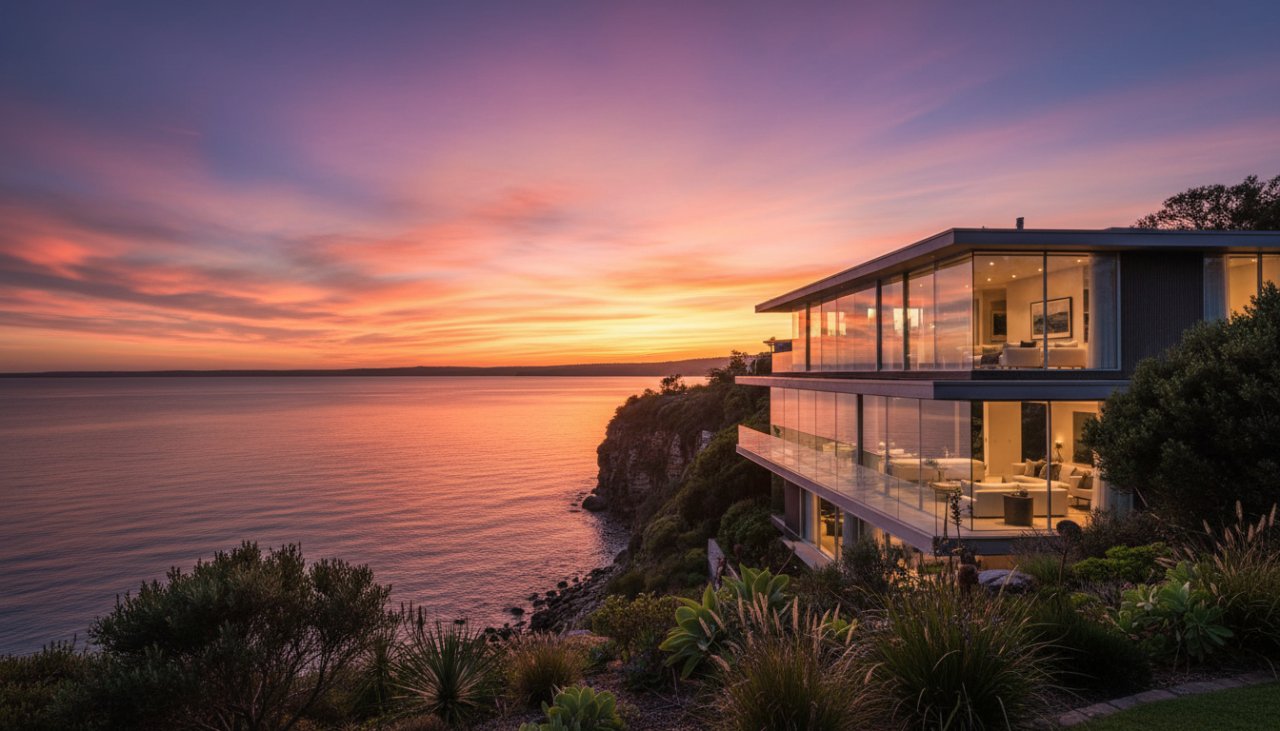 Mount Eliza architectural photography for modern homes capturing a stunning modern coastal residence at sunset, showcasing its unique design with warm interior lights and a dramatic sky reflecting off the bay.