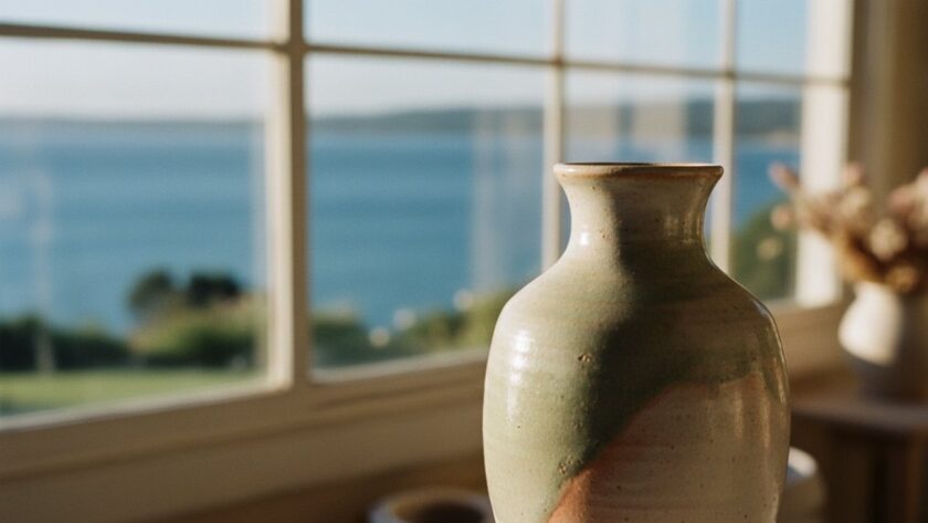 A close-up, high-detail shot of a handcrafted ceramic vase, beautifully illuminated by soft, natural light, showcasing the texture and intricate details, set against a blurred background of a sun-drenched coastal studio in Mount Eliza, embodying exquisite Mount Eliza bespoke product photography for local artisans.