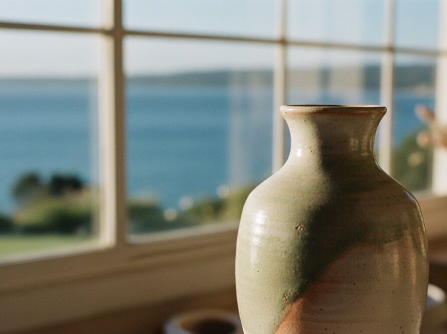 A close-up, high-detail shot of a handcrafted ceramic vase, beautifully illuminated by soft, natural light, showcasing the texture and intricate details, set against a blurred background of a sun-drenched coastal studio in Mount Eliza, embodying exquisite Mount Eliza bespoke product photography for local artisans.