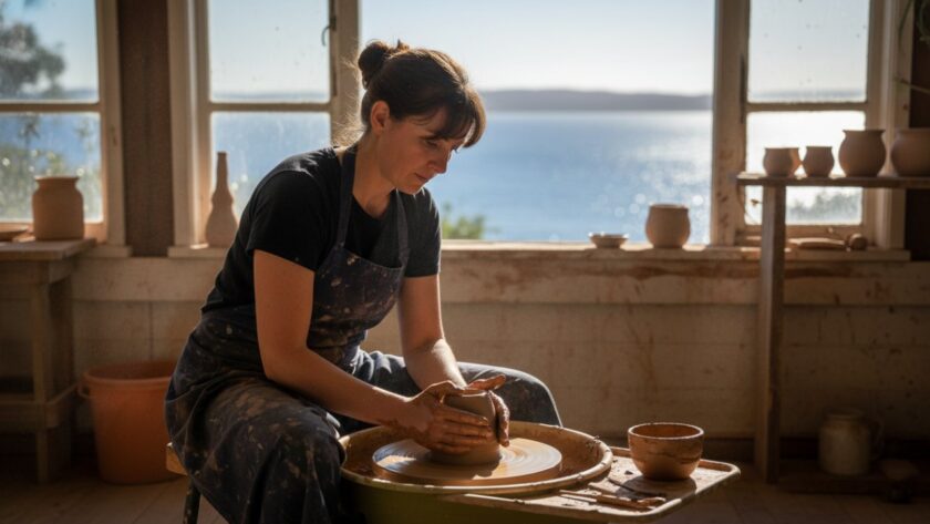A vibrant Mount Eliza brand storytelling photography shot showing a passionate local artisan proudly presenting their handcrafted pottery in a sunlit studio, with the Mornington Peninsula coastline subtly visible through a window, embodying an epic moment of creative expression and entrepreneurial spirit.