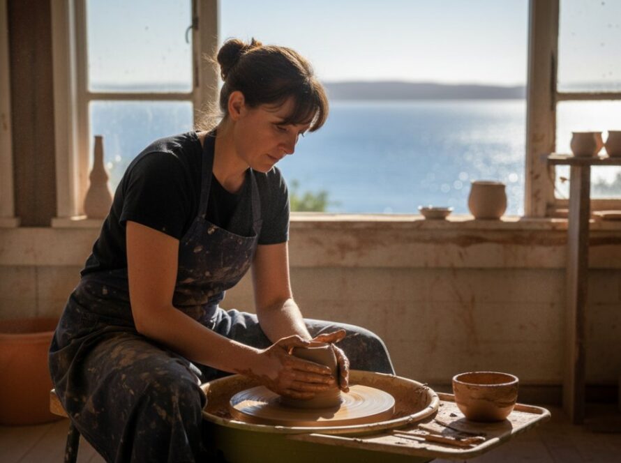 A vibrant Mount Eliza brand storytelling photography shot showing a passionate local artisan proudly presenting their handcrafted pottery in a sunlit studio, with the Mornington Peninsula coastline subtly visible through a window, embodying an epic moment of creative expression and entrepreneurial spirit.