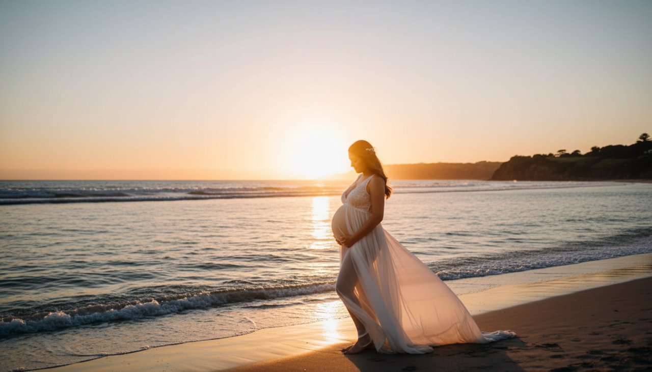 An expectant mother, silhouetted by a golden sunset over the tranquil waters of Daveys Bay, Mount Eliza, during her Mount Eliza coastal maternity photoshoot Victoria, her flowing dress catching the evening breeze.