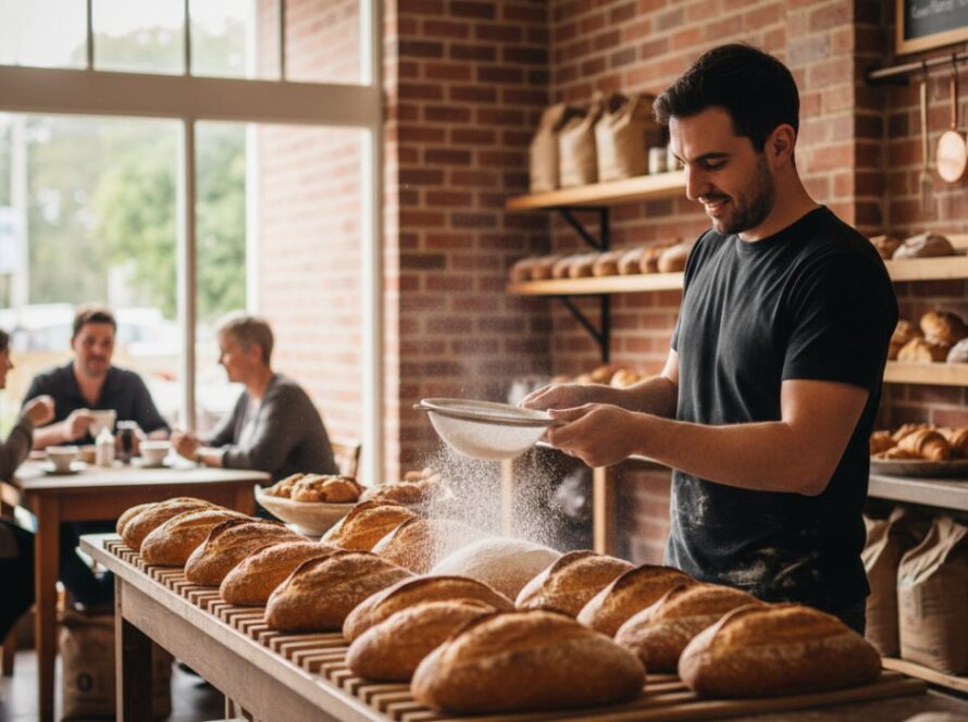 An epic moment capture of a thriving local café in Mount Eliza, showcasing its inviting atmosphere and delicious pastries through vibrant Mount Eliza commercial photography, with warm morning light streaming in, a barista crafting a coffee, and happy customers interacting.