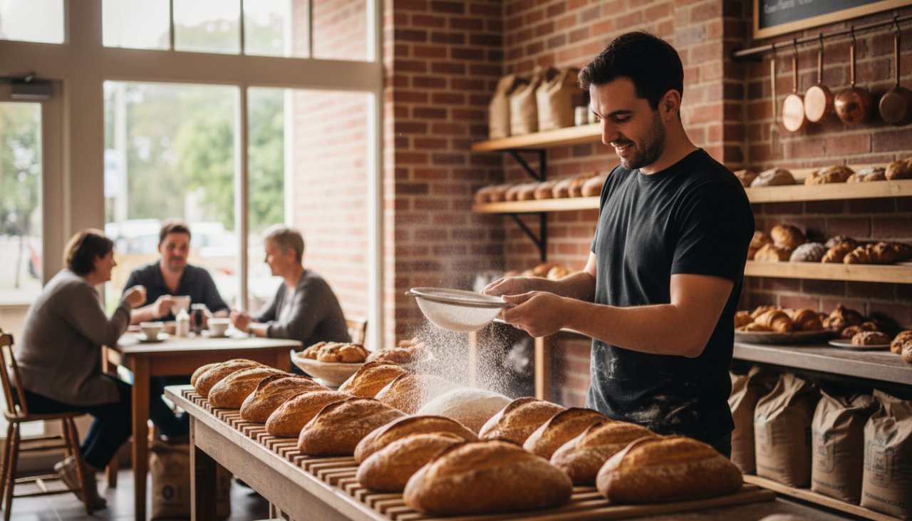An epic moment capture of a thriving local café in Mount Eliza, showcasing its inviting atmosphere and delicious pastries through vibrant Mount Eliza commercial photography, with warm morning light streaming in, a barista crafting a coffee, and happy customers interacting.