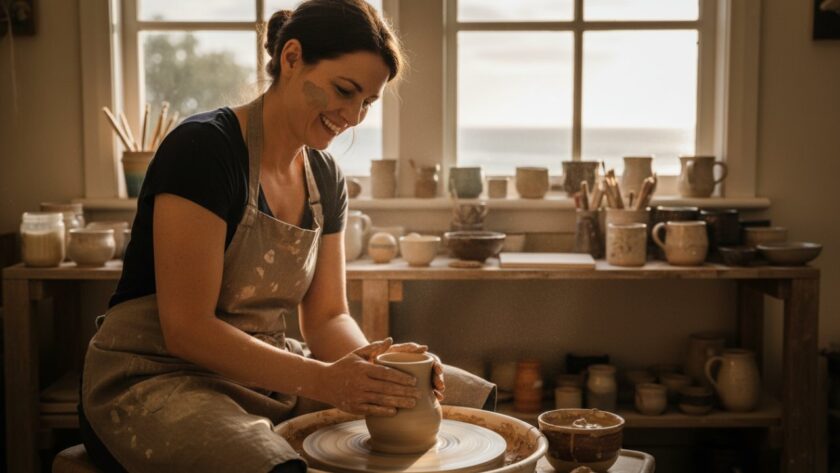 A dynamic and emotionally resonant Mount Eliza editorial photography capturing authentic local stories, featuring a local artisanal baker passionately presenting fresh sourdough at the Mount Eliza Farmers Market, golden hour light, shallow depth of field, conveying community spirit and dedication.