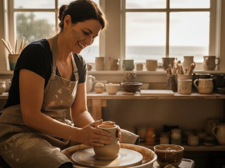 A dynamic and emotionally resonant Mount Eliza editorial photography capturing authentic local stories, featuring a local artisanal baker passionately presenting fresh sourdough at the Mount Eliza Farmers Market, golden hour light, shallow depth of field, conveying community spirit and dedication.