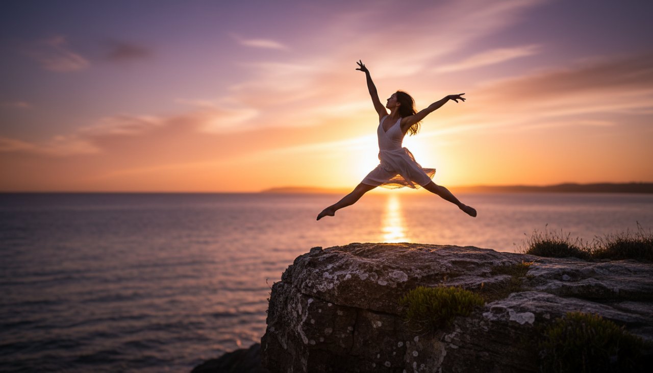 A professional dancer mid-air, silhouetted against a dramatic Mount Eliza sunset during an expressive dance photography session, showcasing powerful movement and grace.
