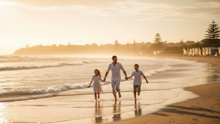An epic golden hour photograph of an Australian family laughing joyfully by the water's edge at a Mount Eliza beach, capturing authentic seaside moments as the sun dips below the horizon, creating a warm glow. The children are splashing playfully while parents embrace, showcasing genuine connection and happiness.