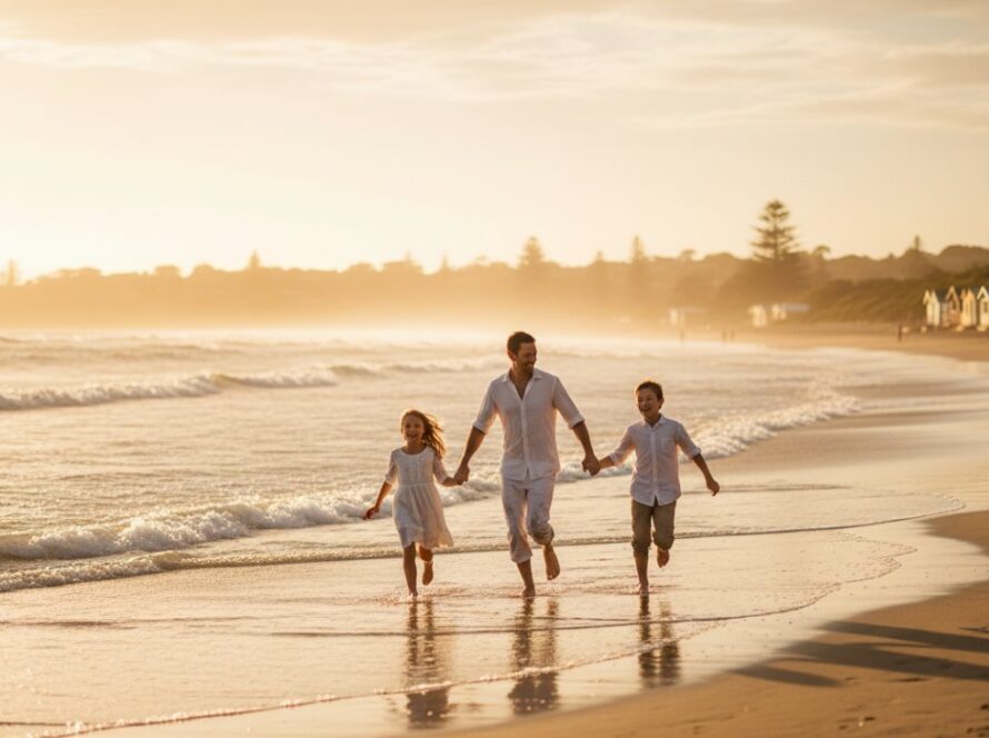 An epic golden hour photograph of an Australian family laughing joyfully by the water's edge at a Mount Eliza beach, capturing authentic seaside moments as the sun dips below the horizon, creating a warm glow. The children are splashing playfully while parents embrace, showcasing genuine connection and happiness.
