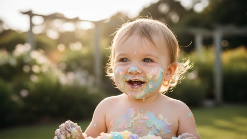 A heartwarming and messy close-up of a joyful toddler covered in cake, smiling broadly during a Mount Eliza first birthday cake smash photography session, with soft, natural light illuminating the celebratory chaos.