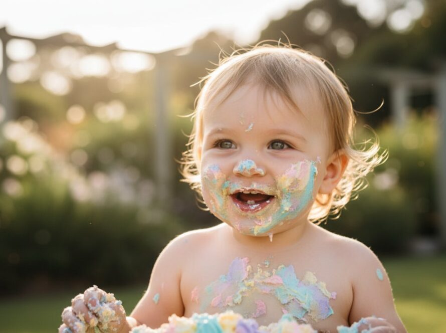 A heartwarming and messy close-up of a joyful toddler covered in cake, smiling broadly during a Mount Eliza first birthday cake smash photography session, with soft, natural light illuminating the celebratory chaos.