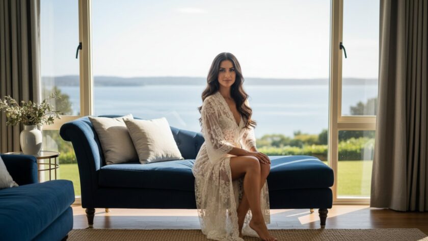 A captivating Mount Eliza intimate boudoir photography experience moment, featuring a woman gracefully posed by a sun-drenched window, soft light highlighting her silhouette and the luxurious textures of the room, evoking intimacy and confidence. A cinematic, 'epic moment' style photograph.