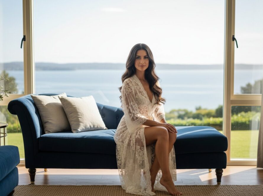 A captivating Mount Eliza intimate boudoir photography experience moment, featuring a woman gracefully posed by a sun-drenched window, soft light highlighting her silhouette and the luxurious textures of the room, evoking intimacy and confidence. A cinematic, 'epic moment' style photograph.