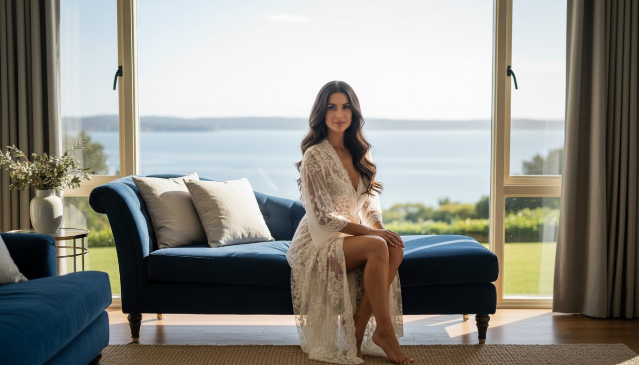 A captivating Mount Eliza intimate boudoir photography experience moment, featuring a woman gracefully posed by a sun-drenched window, soft light highlighting her silhouette and the luxurious textures of the room, evoking intimacy and confidence. A cinematic, 'epic moment' style photograph.