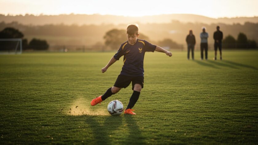 Dynamic shot of a young athlete in Mount Eliza celebrating a goal, embodying the spirit of Mount Eliza junior sports photography moments, with the sun setting over a vibrant green sporting oval.