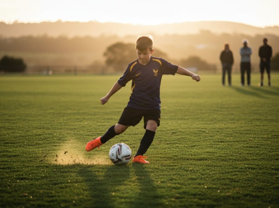 Dynamic shot of a young athlete in Mount Eliza celebrating a goal, embodying the spirit of Mount Eliza junior sports photography moments, with the sun setting over a vibrant green sporting oval.
