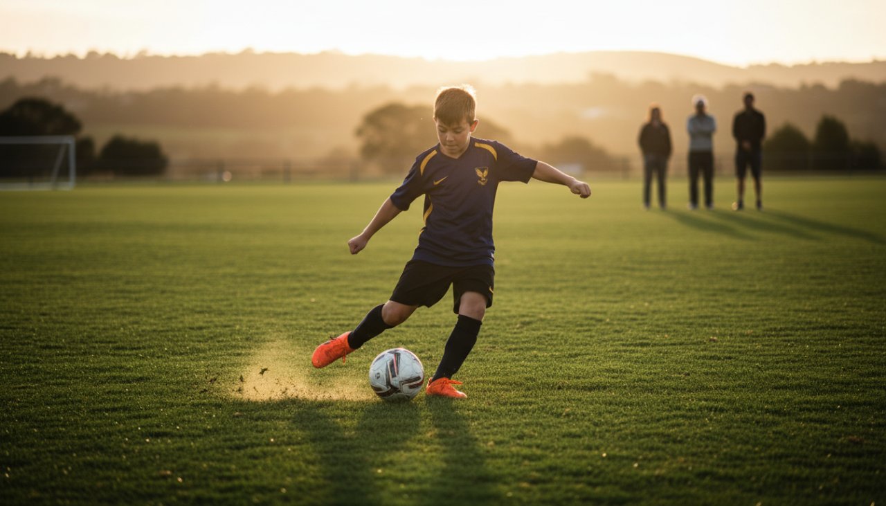 Dynamic shot of a young athlete in Mount Eliza celebrating a goal, embodying the spirit of Mount Eliza junior sports photography moments, with the sun setting over a vibrant green sporting oval.
