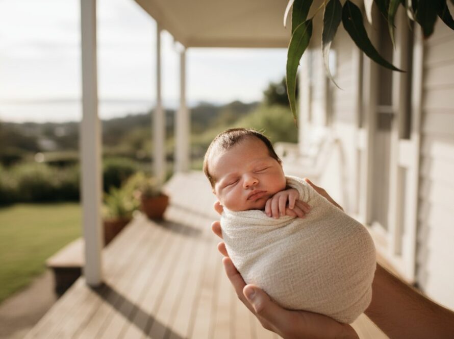A serene, epic moment of a baby sleeping peacefully, bathed in soft, natural light, cradled by a parent's hands on a beautiful sunlit verandah in Mount Eliza, epitomizing the magic of Mount Eliza newborn photography natural light.