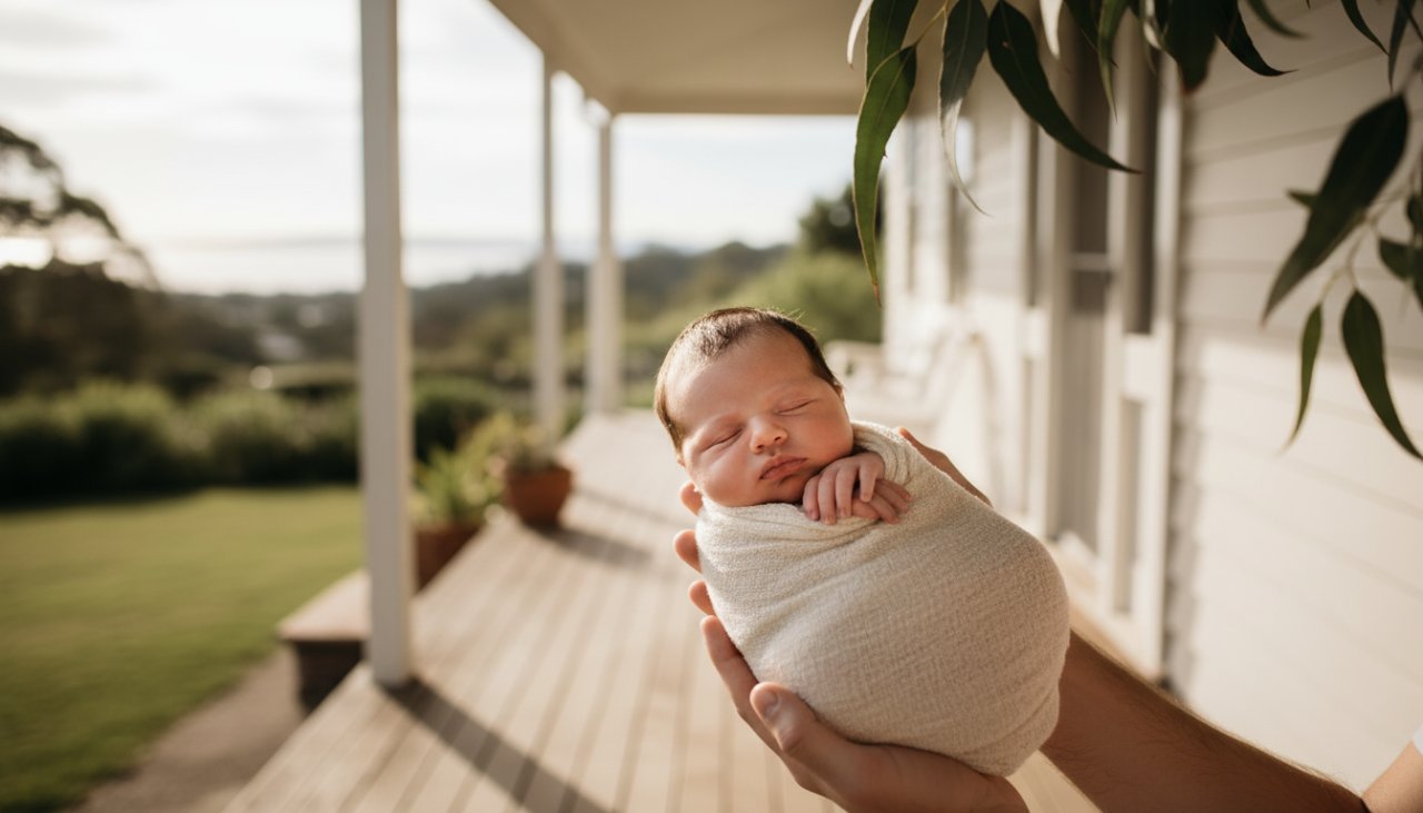 A serene, epic moment of a baby sleeping peacefully, bathed in soft, natural light, cradled by a parent's hands on a beautiful sunlit verandah in Mount Eliza, epitomizing the magic of Mount Eliza newborn photography natural light.