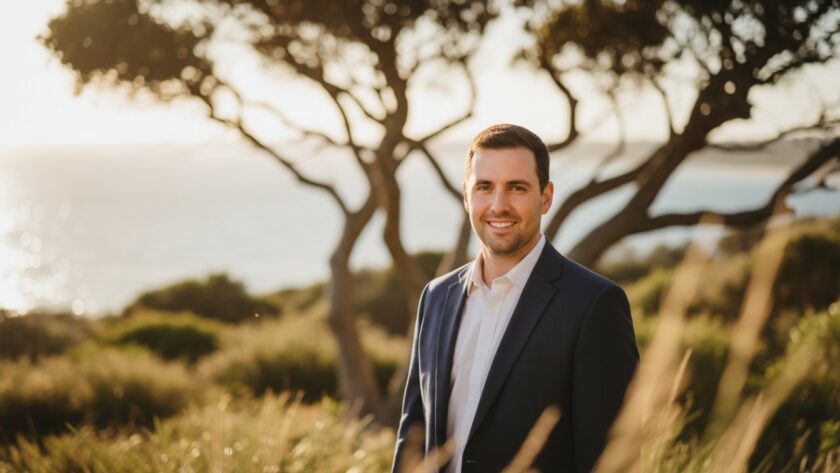A confident female executive, professionally dressed, captured in Mount Eliza professional headshots outdoor photography, stands against a soft-focus backdrop of blooming coastal tea-trees, bathed in golden hour light, conveying approachability and strength.