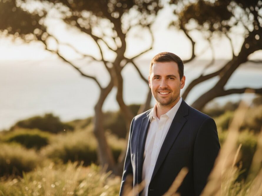 A confident female executive, professionally dressed, captured in Mount Eliza professional headshots outdoor photography, stands against a soft-focus backdrop of blooming coastal tea-trees, bathed in golden hour light, conveying approachability and strength.