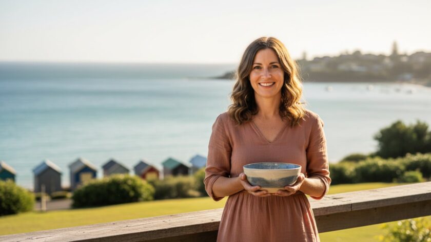 A confident artisan showcasing her handmade pottery, bathed in the golden morning light on a rustic Mount Martha cafe terrace, capturing an epic moment for a Mount Martha authentic branding photography experience.