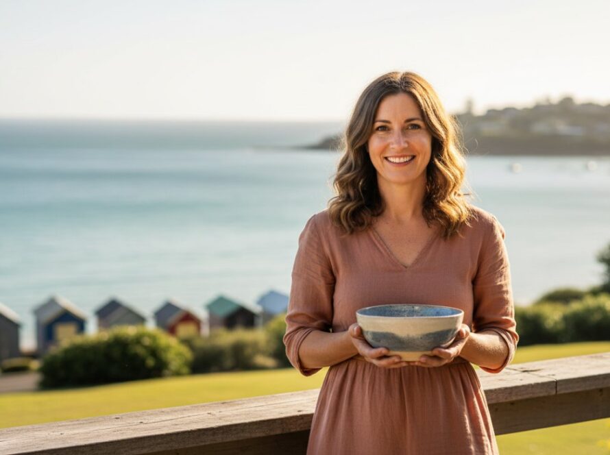 A confident artisan showcasing her handmade pottery, bathed in the golden morning light on a rustic Mount Martha cafe terrace, capturing an epic moment for a Mount Martha authentic branding photography experience.