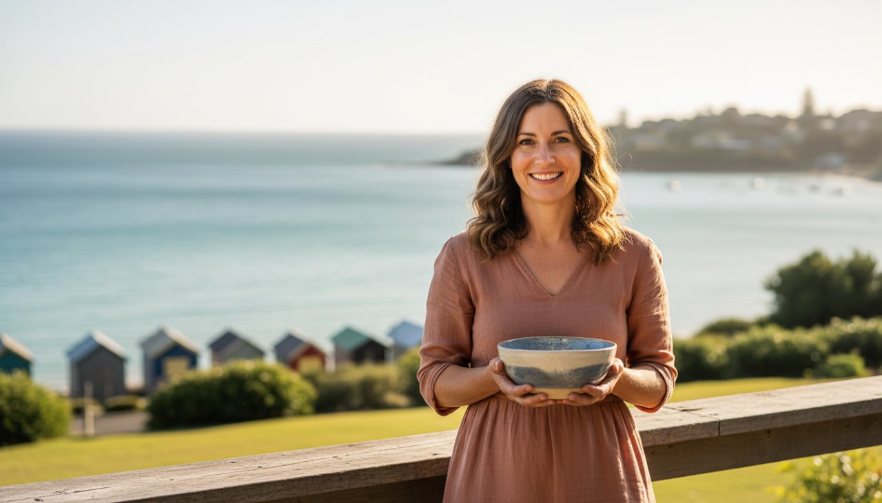 A confident artisan showcasing her handmade pottery, bathed in the golden morning light on a rustic Mount Martha cafe terrace, capturing an epic moment for a Mount Martha authentic branding photography experience.