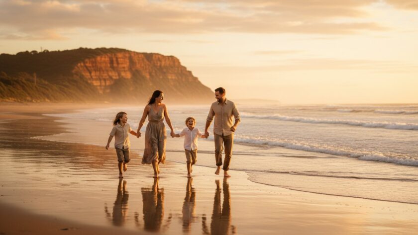 An epic, sun-kissed Mount Martha beach family photography moment, a candid shot of a family laughing and playing in the golden hour light, with waves gently rolling in the background, captured from a low angle, evoking pure joy.