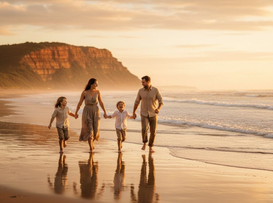 An epic, sun-kissed Mount Martha beach family photography moment, a candid shot of a family laughing and playing in the golden hour light, with waves gently rolling in the background, captured from a low angle, evoking pure joy.