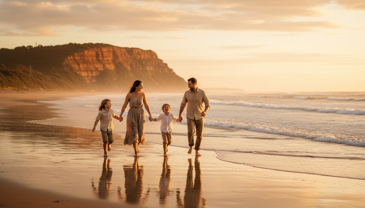 An epic, sun-kissed Mount Martha beach family photography moment, a candid shot of a family laughing and playing in the golden hour light, with waves gently rolling in the background, captured from a low angle, evoking pure joy.