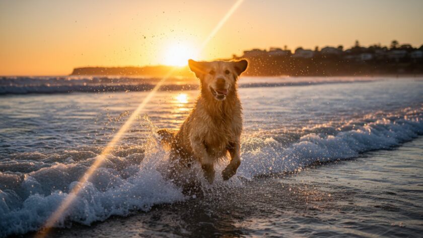 An epic moment of a golden retriever joyfully leaping through the shallow waves on Mount Martha beach at sunset, creating beautiful Mount Martha beach pet photography memories, with the warm golden light reflecting on its fur and the water spray.